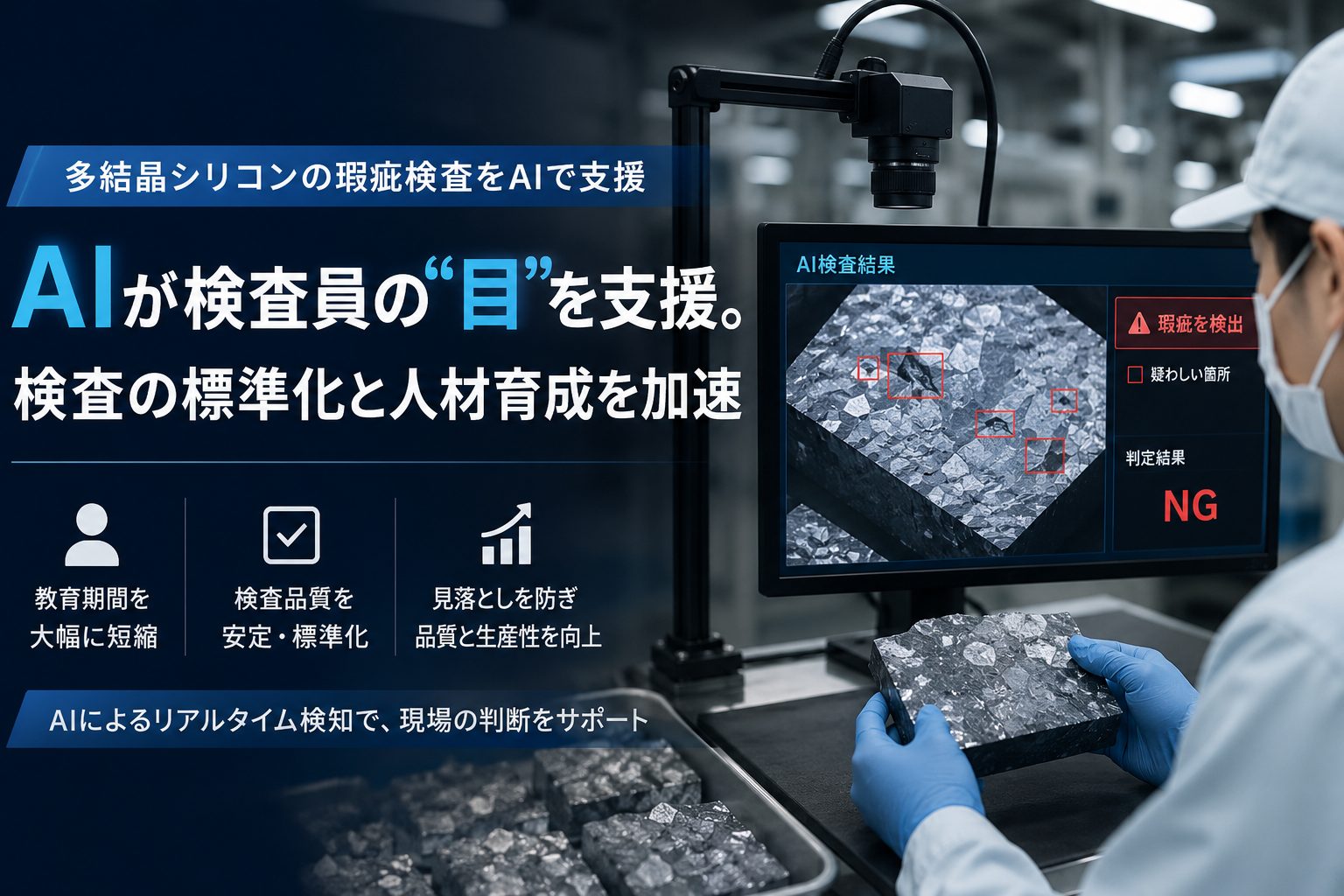 AIが検査員の目を支援。多結晶シリコンの瑕疵検査を標準化し、教育負担を軽減