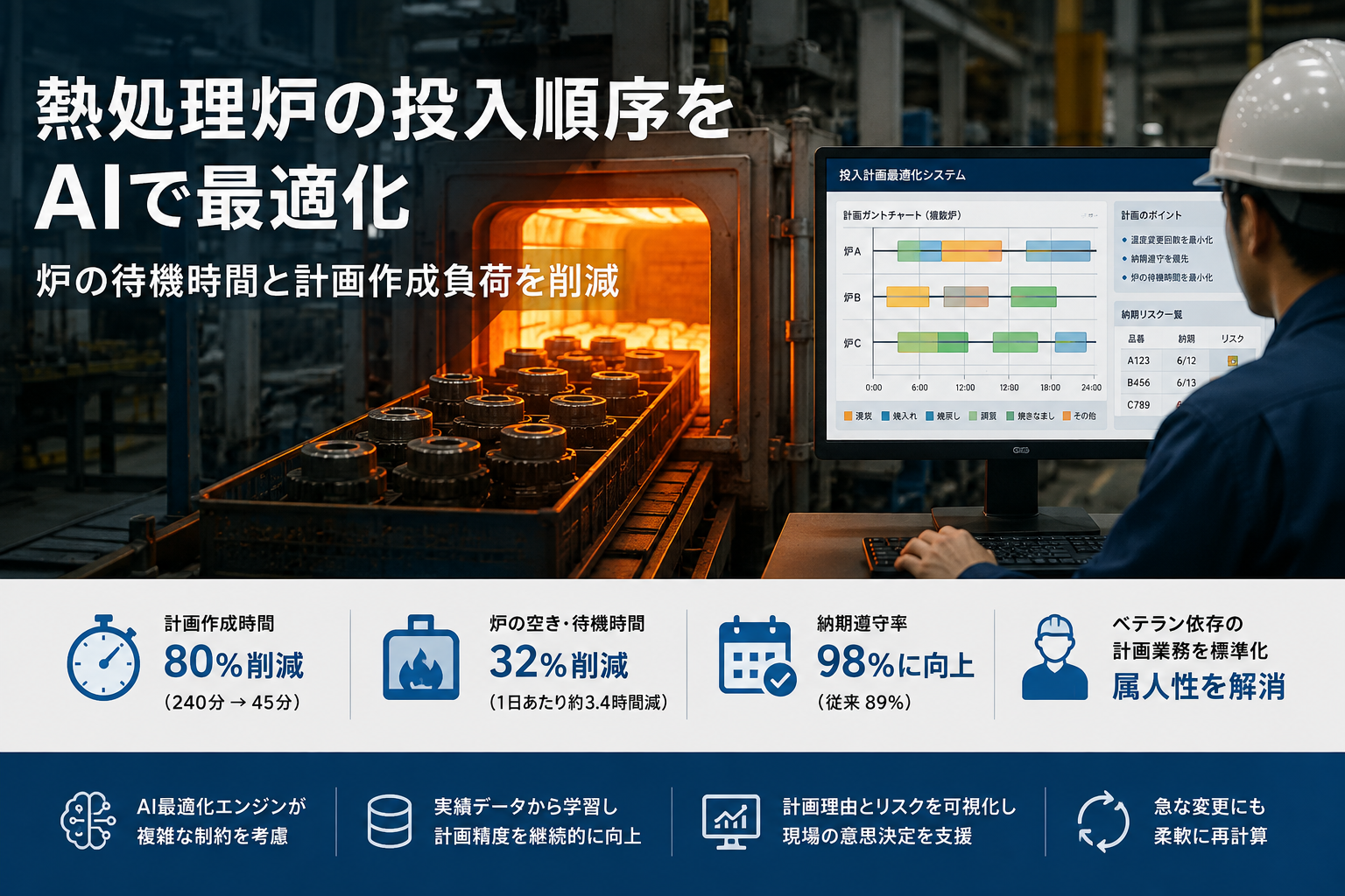 熱処理炉の投入順序をAIで最適化し、炉の待機時間と計画作成負荷を削減